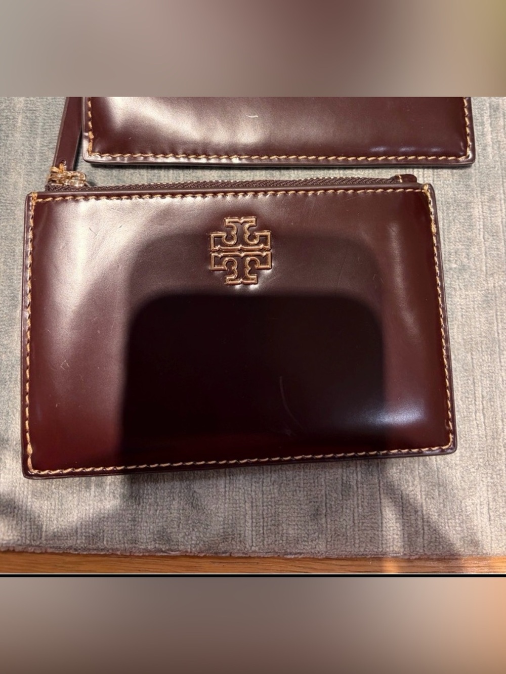 Tory Burch Dark Brown Leather Zip Pouch with Gold Logo  patent leather new